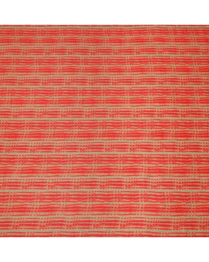 Beige Base Red Hand-Drawn Stripe Printed Cotton Lawn Fabric, 110 Cms Width, Made in India-D23953