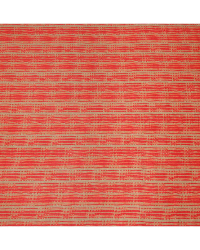 Beige Base Red Hand-Drawn Stripe Printed Cotton Lawn Fabric, 110 Cms Width, Made in India-D23953