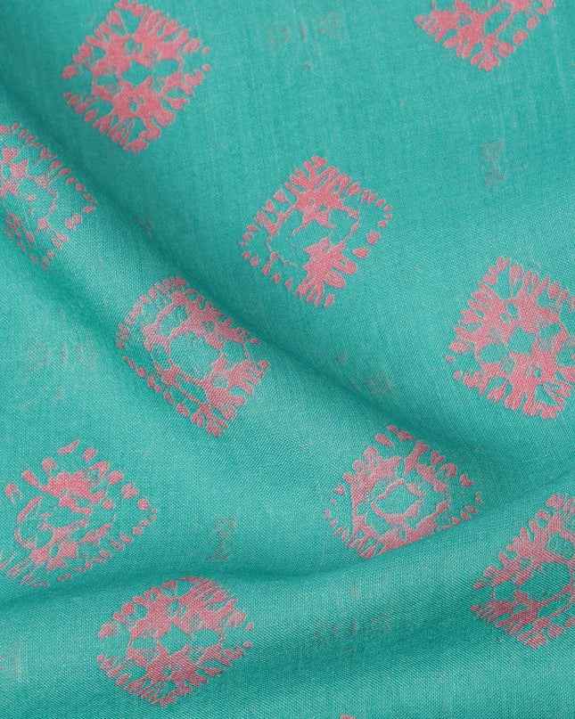 Turquoise Blue Abstract Motif Printed Cotton Lawn Fabric with Pink Accents, 110 Cms Width, Made in India-D23955