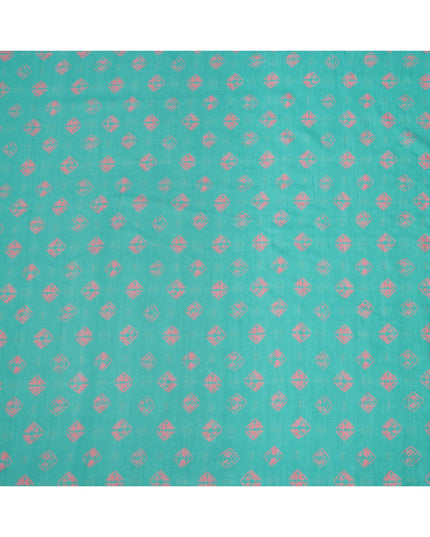 Turquoise Blue Abstract Motif Printed Cotton Lawn Fabric with Pink Accents, 110 Cms Width, Made in India-D23955