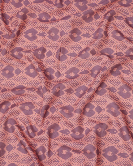 Peach Base Mauve Ikat Inspired Geometric Printed Cotton Lawn Fabric, 110 Cms Width, Made in India-D23956