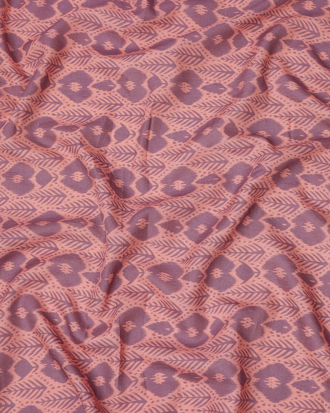 Peach Base Mauve Ikat Inspired Geometric Printed Cotton Lawn Fabric, 110 Cms Width, Made in India-D23956