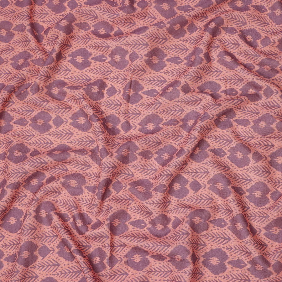 Peach Base Mauve Ikat Inspired Geometric Printed Cotton Lawn Fabric, 110 Cms Width, Made in India-D23956
