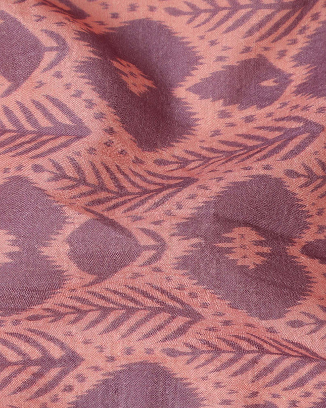 Peach Base Mauve Ikat Inspired Geometric Printed Cotton Lawn Fabric, 110 Cms Width, Made in India-D23956