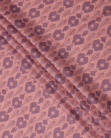 Peach Base Mauve Ikat Inspired Geometric Printed Cotton Lawn Fabric, 110 Cms Width, Made in India-D23956