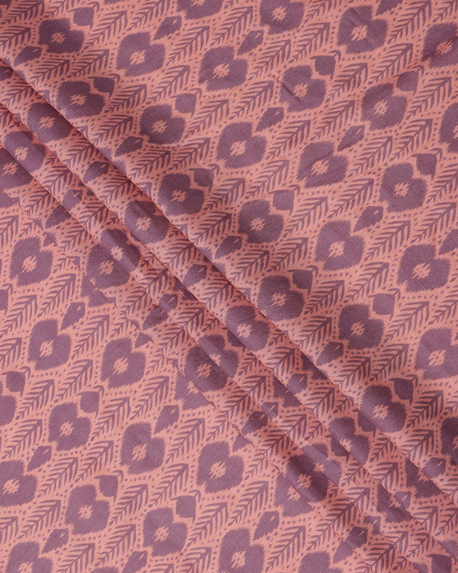 Peach Base Mauve Ikat Inspired Geometric Printed Cotton Lawn Fabric, 110 Cms Width, Made in India-D23956