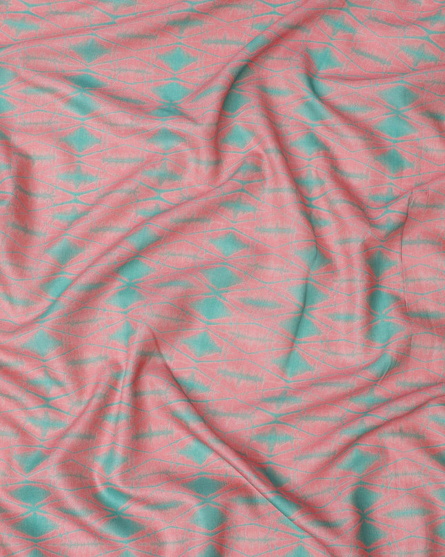 Coral Pink and Aqua Green Abstract Shibori Style Printed Cotton Lawn Fabric, 110 Cms Width, Made in India-D23957