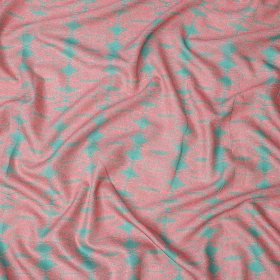 Coral Pink and Aqua Green Abstract Shibori Style Printed Cotton Lawn Fabric, 110 Cms Width, Made in India-D23957