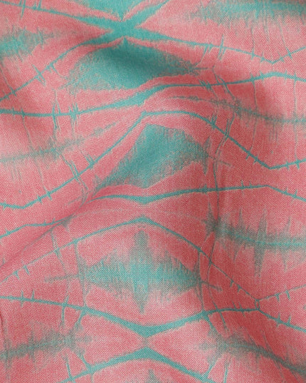 Coral Pink and Aqua Green Abstract Shibori Style Printed Cotton Lawn Fabric, 110 Cms Width, Made in India-D23957
