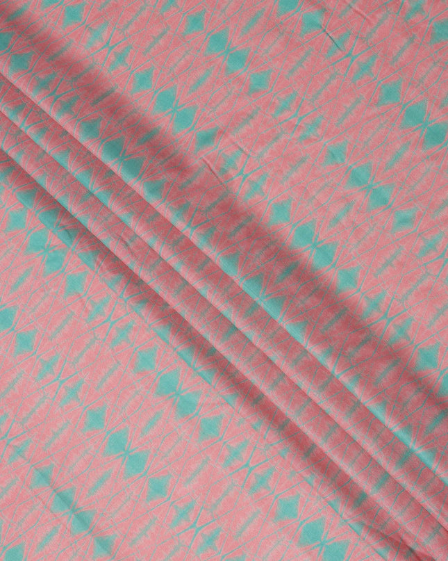 Coral Pink and Aqua Green Abstract Shibori Style Printed Cotton Lawn Fabric, 110 Cms Width, Made in India-D23957