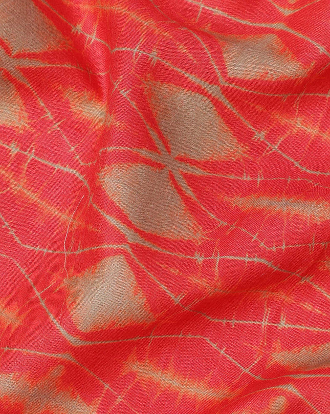 Fiery Red and Beige Shibori Style Abstract Printed Cotton Lawn Fabric, 110 Cms Width, Made in India-D23958