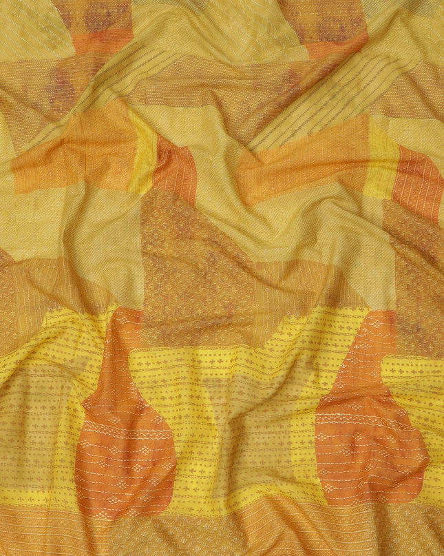 Yellow and Orange Cotton Lawn Fabric with Abstract Patch Print, 140 Cms Width, Made in India-D24155 Regal Fabrics