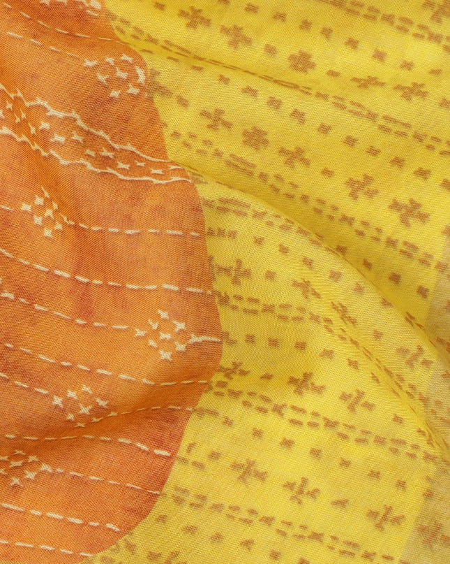Yellow and Orange Cotton Lawn Fabric with Abstract Patch Print, 140 Cms Width, Made in India-D24155 Regal Fabrics