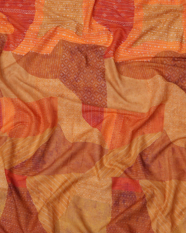 Rust Orange and Red Cotton Lawn Fabric with Abstract Patch Print, 140 Cms Width, Made in India-D24156