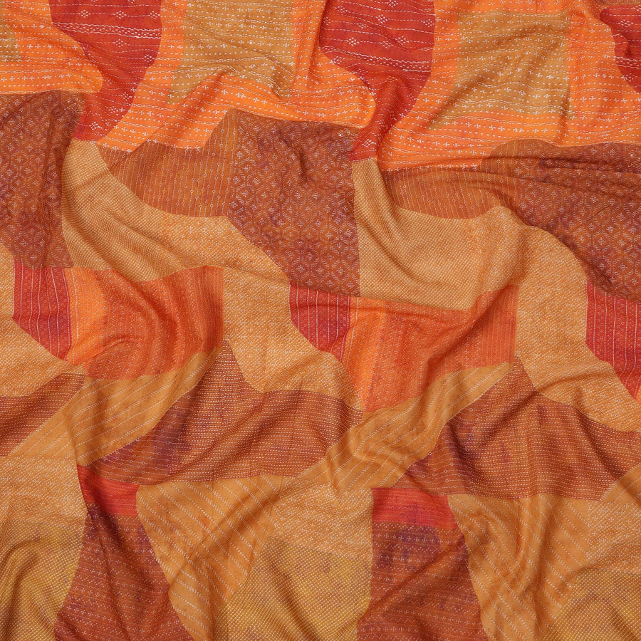 Rust Orange and Red Cotton Lawn Fabric with Abstract Patch Print, 140 Cms Width, Made in India-D24156