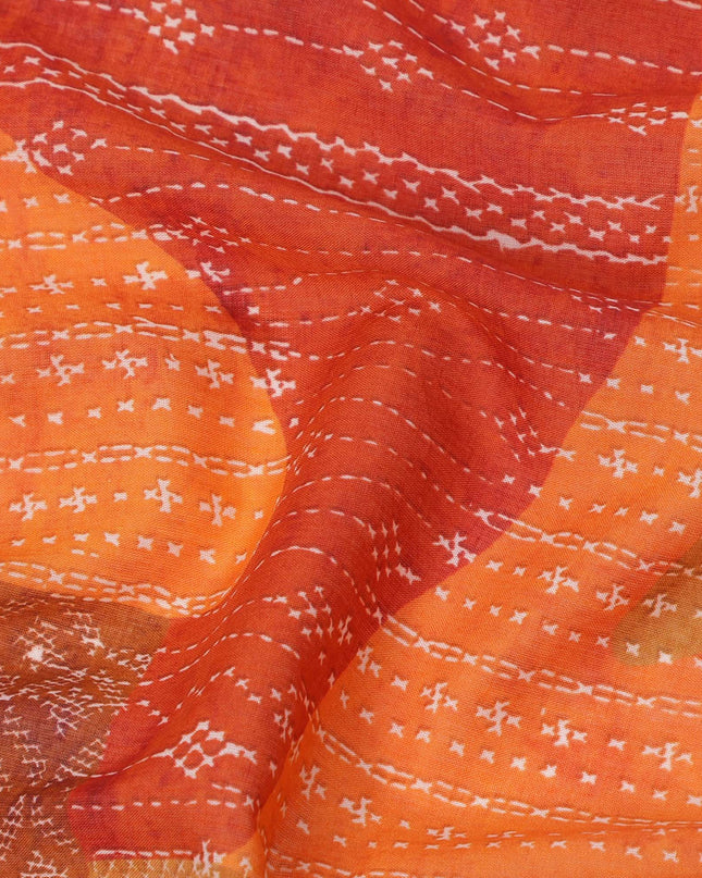 Rust Orange and Red Cotton Lawn Fabric with Abstract Patch Print, 140 Cms Width, Made in India-D24156