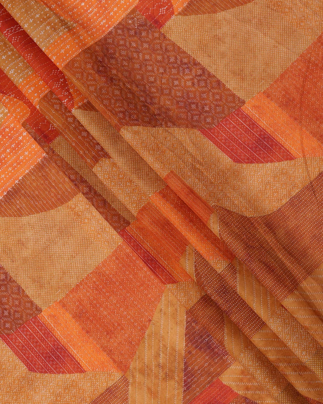 Rust Orange and Red Cotton Lawn Fabric with Abstract Patch Print, 140 Cms Width, Made in India-D24156
