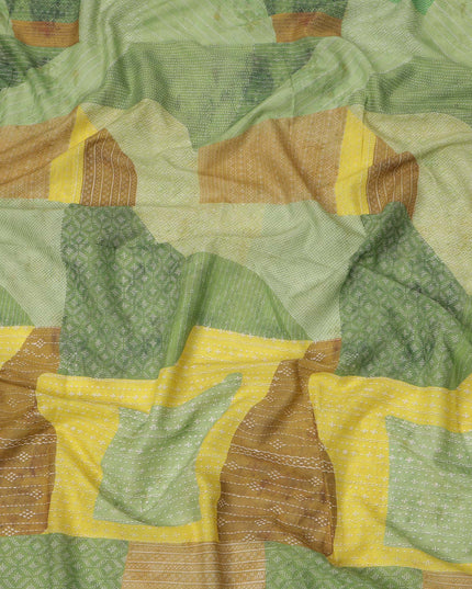 Lime Green and Mustard Cotton Lawn Fabric with Abstract Patch Print, 140 Cms Width, Made in India-D24157