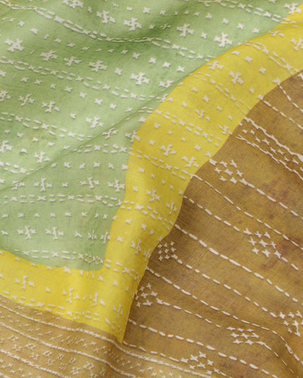 Lime Green and Mustard Cotton Lawn Fabric with Abstract Patch Print, 140 Cms Width, Made in India-D24157