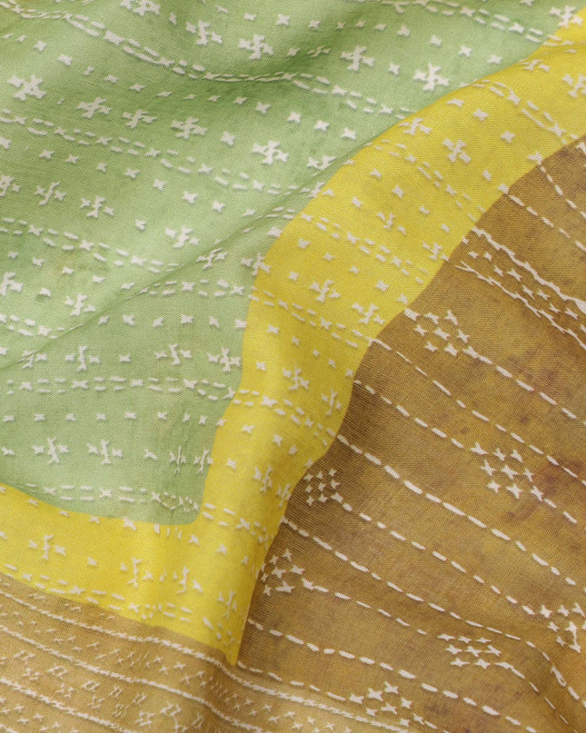 Lime Green and Mustard Cotton Lawn Fabric with Abstract Patch Print, 140 Cms Width, Made in India-D24157