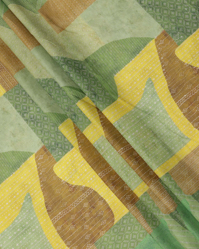 Lime Green and Mustard Cotton Lawn Fabric with Abstract Patch Print, 140 Cms Width, Made in India-D24157