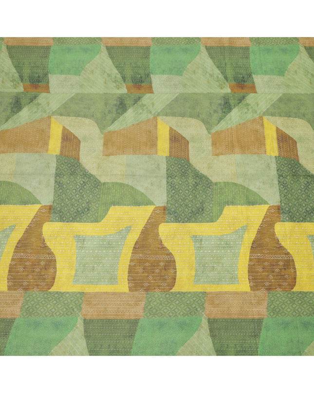 Lime Green and Mustard Cotton Lawn Fabric with Abstract Patch Print, 140 Cms Width, Made in India-D24157