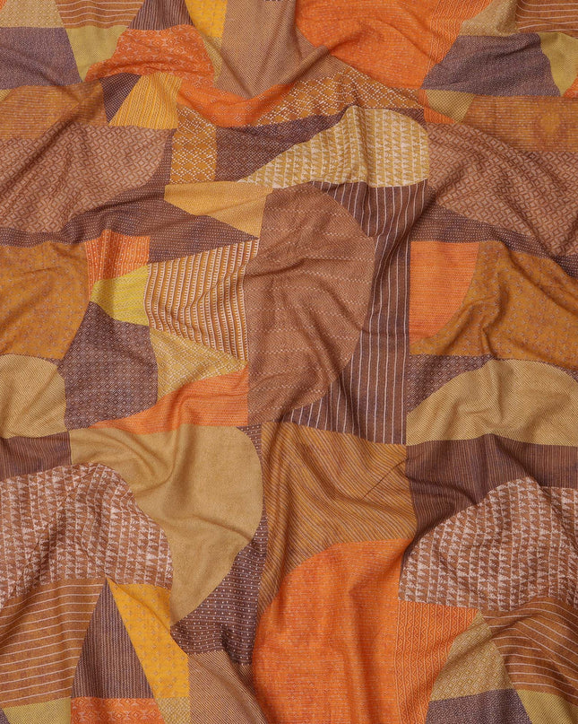 Rust Brown and Orange Cotton Lawn Fabric with Patch Print Design, 140 Cms Width, Made in India-D24158