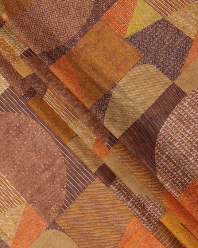 Rust Brown and Orange Cotton Lawn Fabric with Patch Print Design, 140 Cms Width, Made in India-D24158
