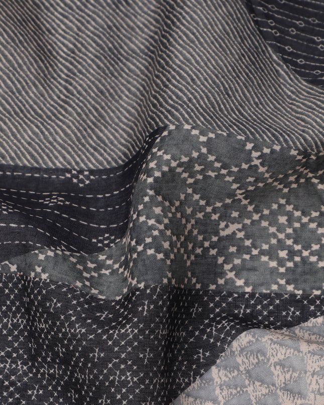 Charcoal Grey and Black Cotton Lawn Fabric with Contemporary Patch Print, 140 Cms Width, Made in India-D24159