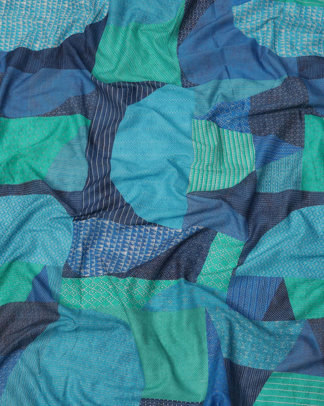 Teal Blue and Green Cotton Lawn Fabric with Patch Print Design, 140 Cms Width, Made in India-D24160