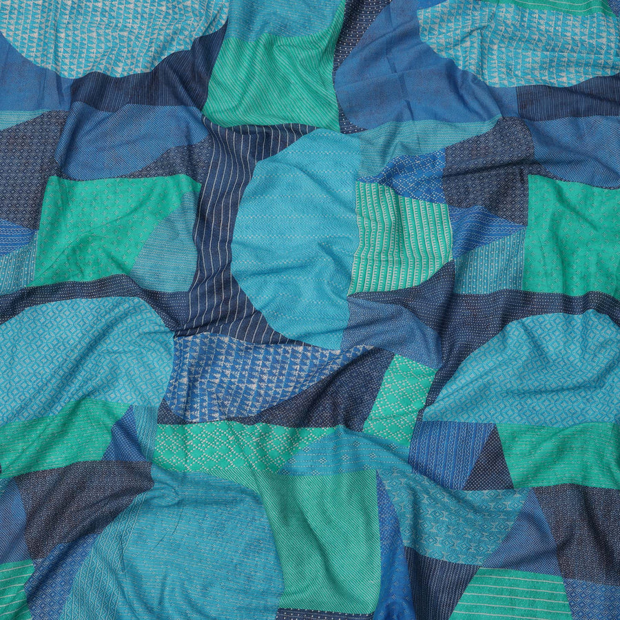 Teal Blue and Green Cotton Lawn Fabric with Patch Print Design, 140 Cms Width, Made in India-D24160