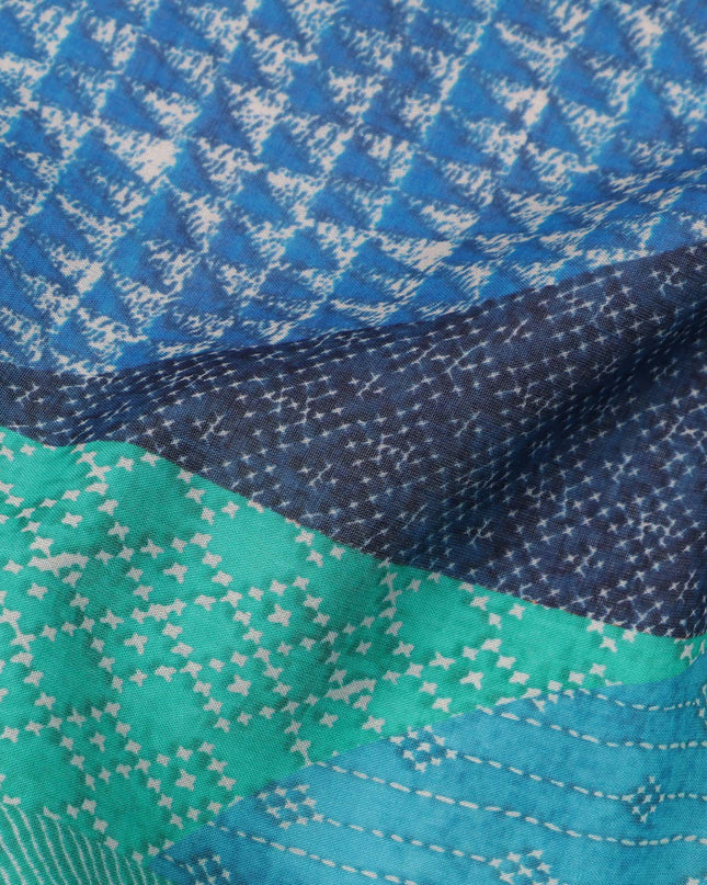 Teal Blue and Green Cotton Lawn Fabric with Patch Print Design, 140 Cms Width, Made in India-D24160