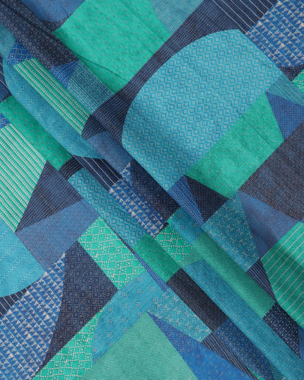 Teal Blue and Green Cotton Lawn Fabric with Patch Print Design, 140 Cms Width, Made in India-D24160