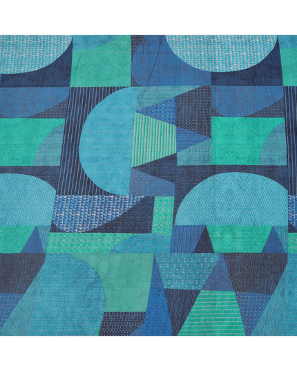 Teal Blue and Green Cotton Lawn Fabric with Patch Print Design, 140 Cms Width, Made in India-D24160
