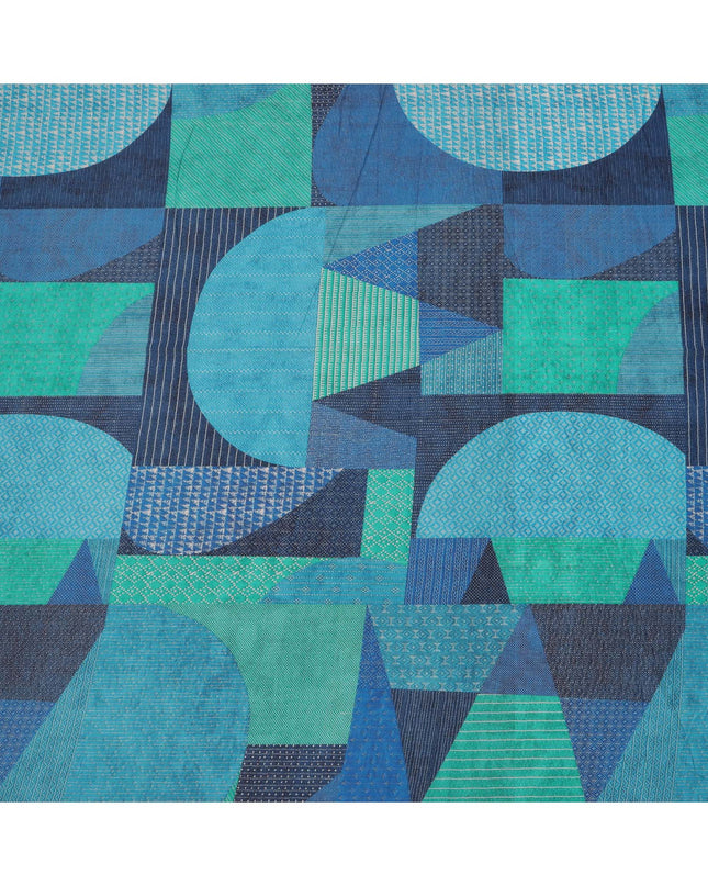Teal Blue and Green Cotton Lawn Fabric with Patch Print Design, 140 Cms Width, Made in India-D24160