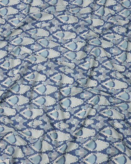 Powder Blue and Indigo Cotton Lawn Fabric with Abstract Bell Motif Print, 140 Cms Width, Made in India-D24161 Regal Fabrics