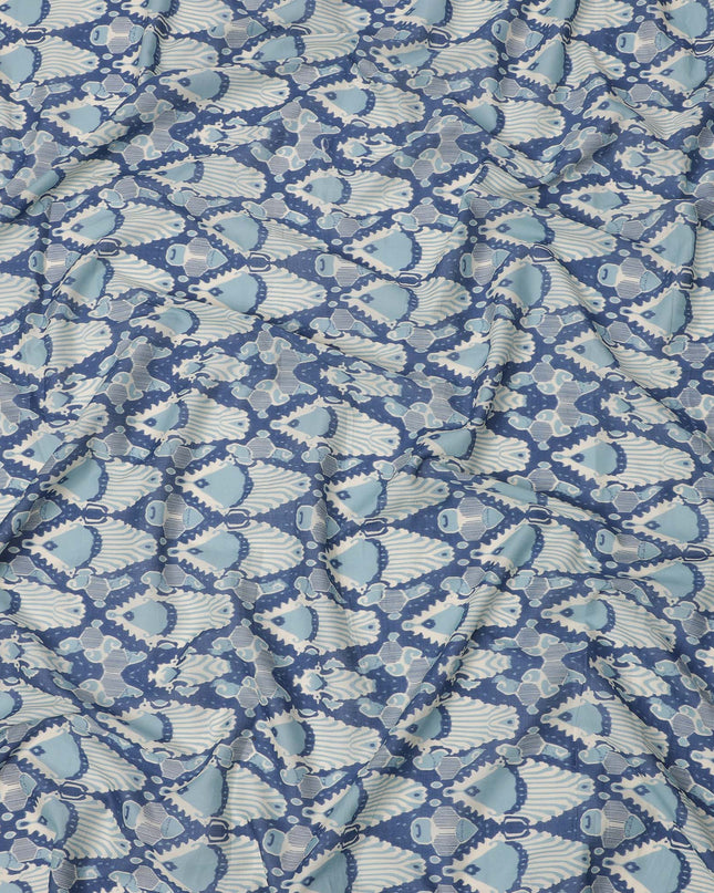 Powder Blue and Indigo Cotton Lawn Fabric with Abstract Bell Motif Print, 140 Cms Width, Made in India-D24161 Regal Fabrics