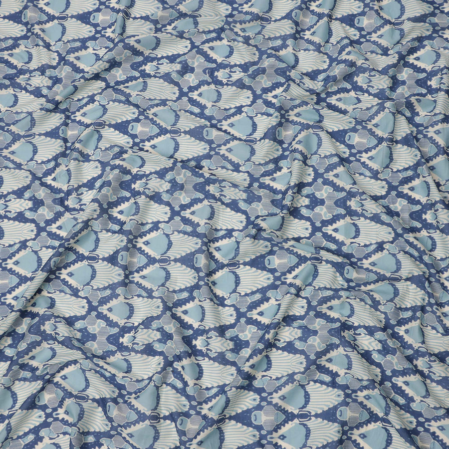 Powder Blue and Indigo Cotton Lawn Fabric with Abstract Bell Motif Print, 140 Cms Width, Made in India-D24161 Regal Fabrics