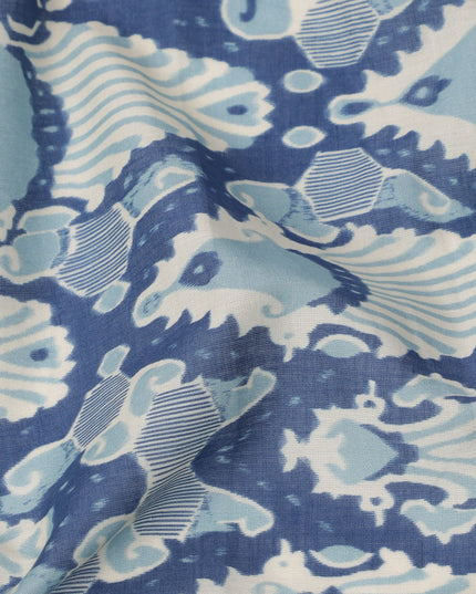 Powder Blue and Indigo Cotton Lawn Fabric with Abstract Bell Motif Print, 140 Cms Width, Made in India-D24161 Regal Fabrics