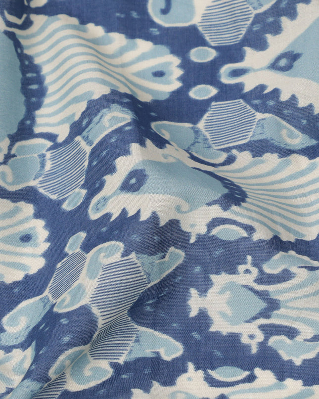Powder Blue and Indigo Cotton Lawn Fabric with Abstract Bell Motif Print, 140 Cms Width, Made in India-D24161 Regal Fabrics