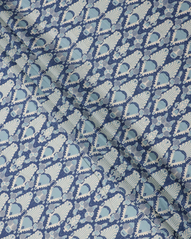 Powder Blue and Indigo Cotton Lawn Fabric with Abstract Bell Motif Print, 140 Cms Width, Made in India-D24161 Regal Fabrics