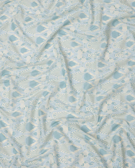 Ivory and Sky Blue Cotton Lawn Fabric with Abstract Bell Motif Print, 140 Cms Width, Made in India-D24162