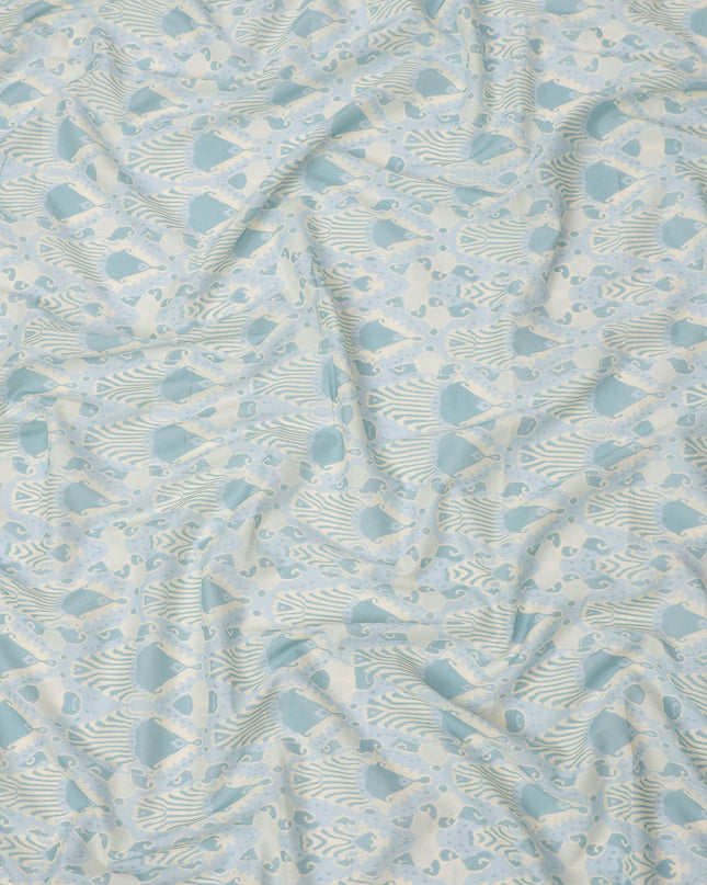 Ivory and Sky Blue Cotton Lawn Fabric with Abstract Bell Motif Print, 140 Cms Width, Made in India-D24162