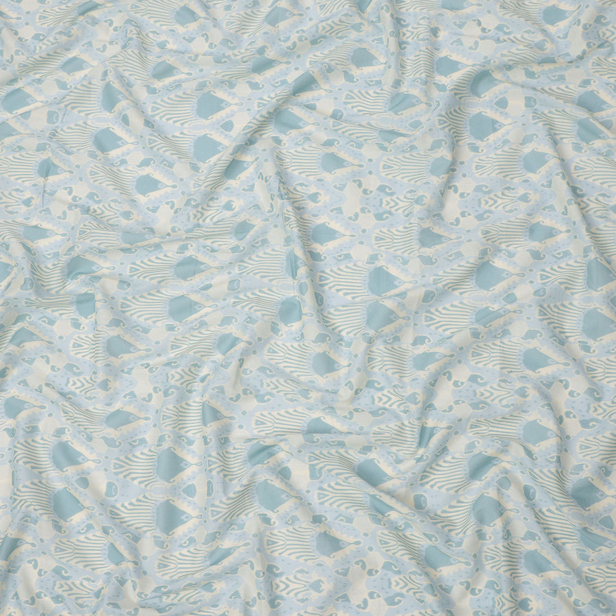 Ivory and Sky Blue Cotton Lawn Fabric with Abstract Bell Motif Print, 140 Cms Width, Made in India-D24162