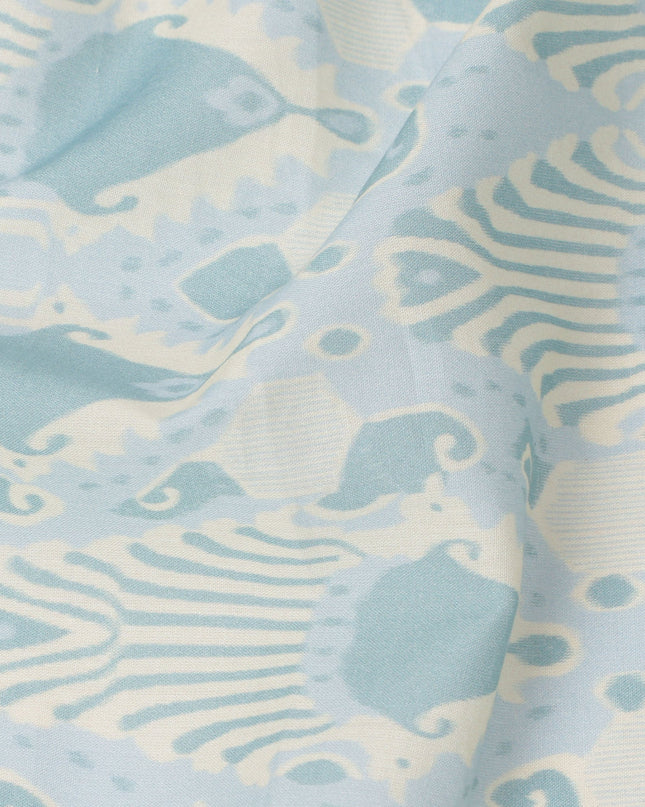 Ivory and Sky Blue Cotton Lawn Fabric with Abstract Bell Motif Print, 140 Cms Width, Made in India-D24162