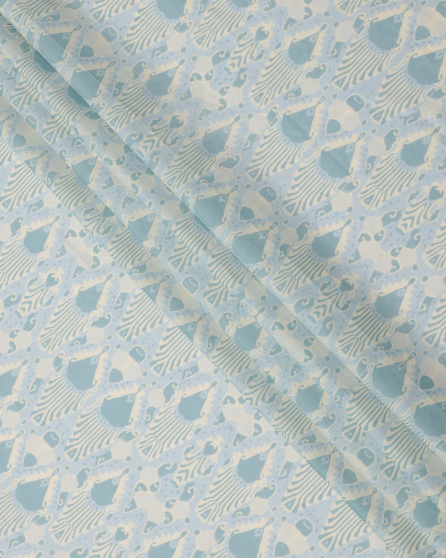 Ivory and Sky Blue Cotton Lawn Fabric with Abstract Bell Motif Print, 140 Cms Width, Made in India-D24162
