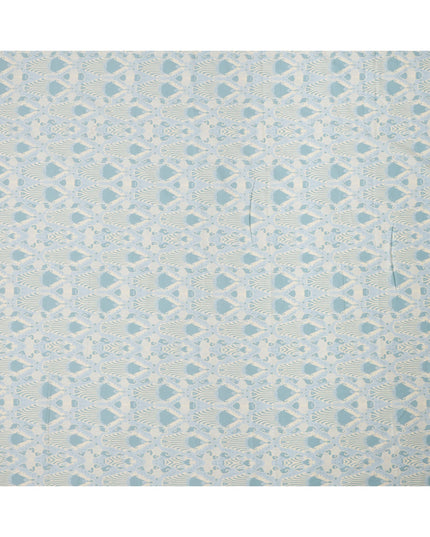 Ivory and Sky Blue Cotton Lawn Fabric with Abstract Bell Motif Print, 140 Cms Width, Made in India-D24162