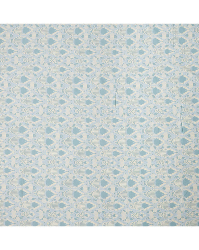 Ivory and Sky Blue Cotton Lawn Fabric with Abstract Bell Motif Print, 140 Cms Width, Made in India-D24162