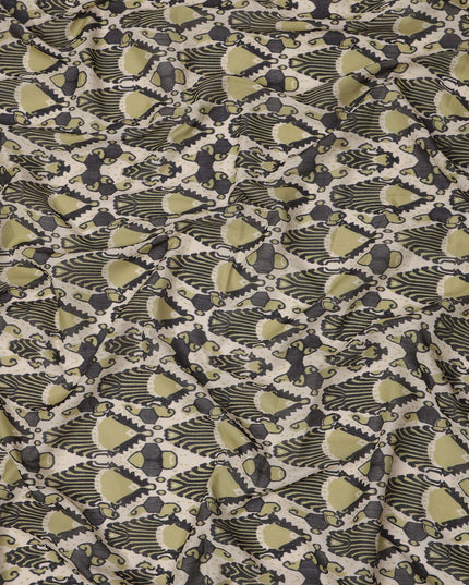 Olive Green and Charcoal Cotton Lawn Fabric with Abstract Bell Motif Print, 140 Cms Width, Made in India-D24163