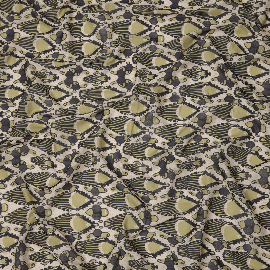 Olive Green and Charcoal Cotton Lawn Fabric with Abstract Bell Motif Print, 140 Cms Width, Made in India-D24163